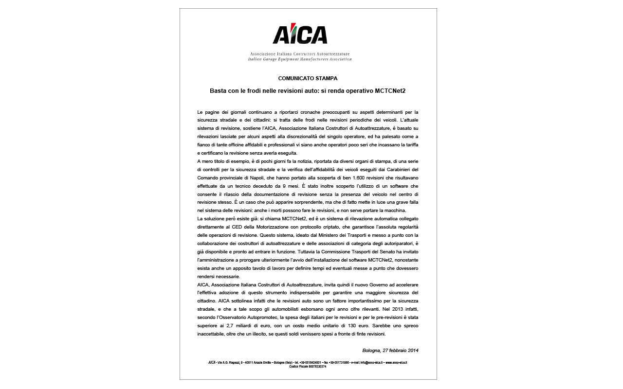 Comunicato stampa AICA